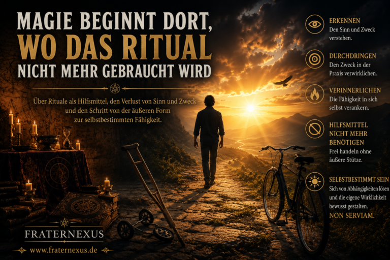 Ein Mensch verlässt einen dunklen Ritualraum und geht in eine helle Landschaft. Krücke und Fahrrad symbolisieren Hilfsmittel, die auf dem magischen Weg überwunden werden.